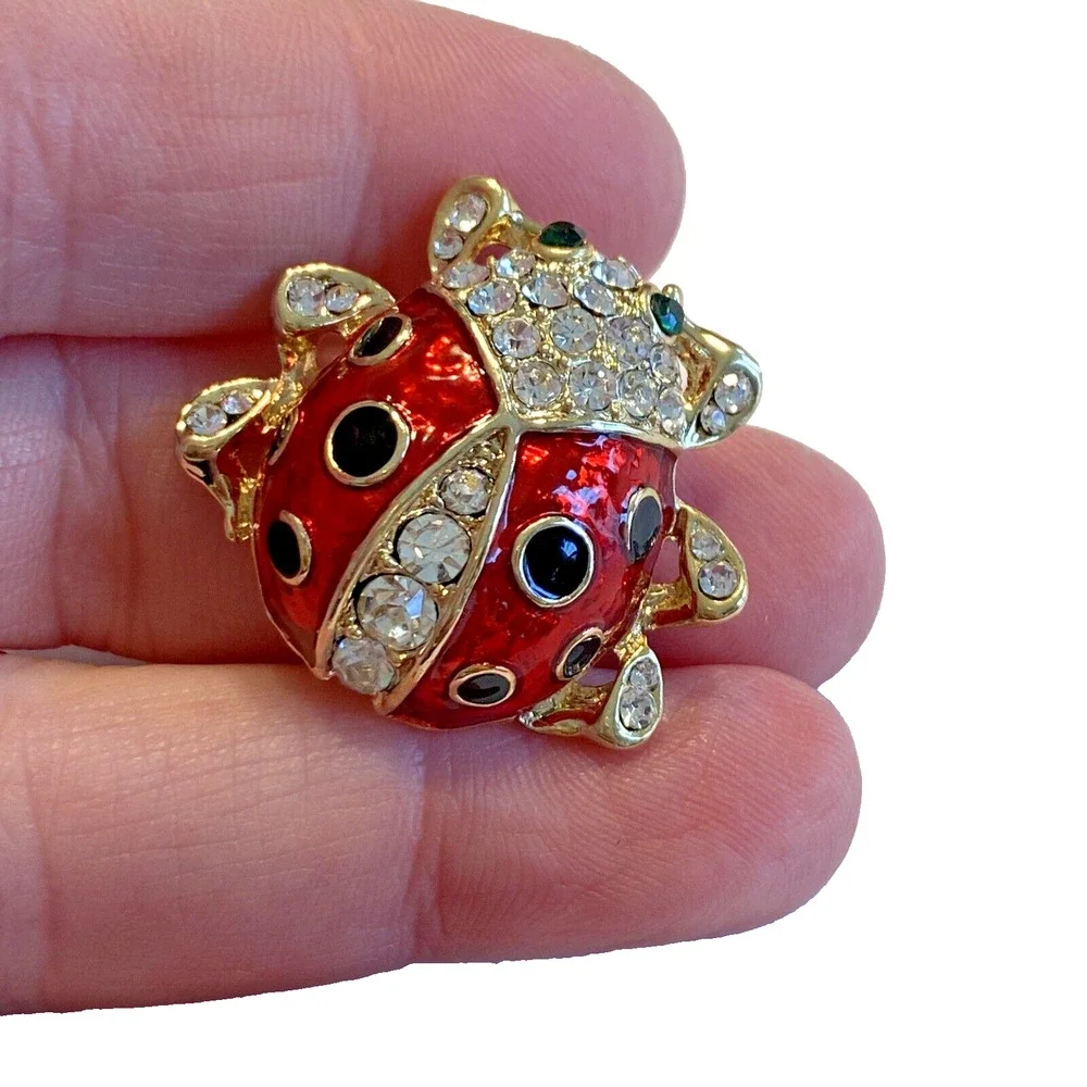 Vintage Ladybug Brooch Red & Black Enamel on Goldtone White & Green Rhinestones